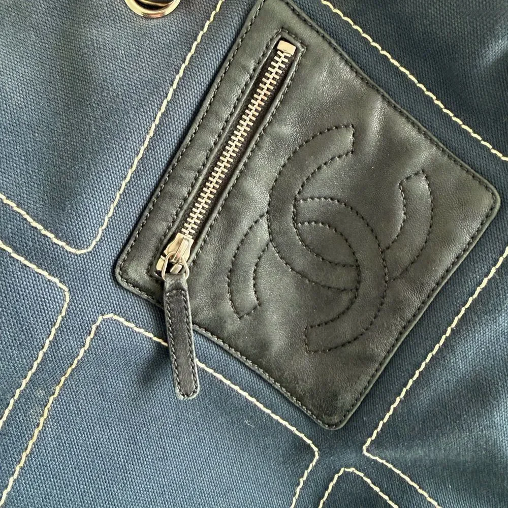 CHANEL Navy Quilted Canvas Shoulder Tote with Gold Chain Handles